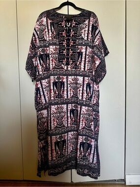 Vintage Bohemian Thai Hand Screen Printed WINSOME Half Zip Cotton Kaftan Dress M
